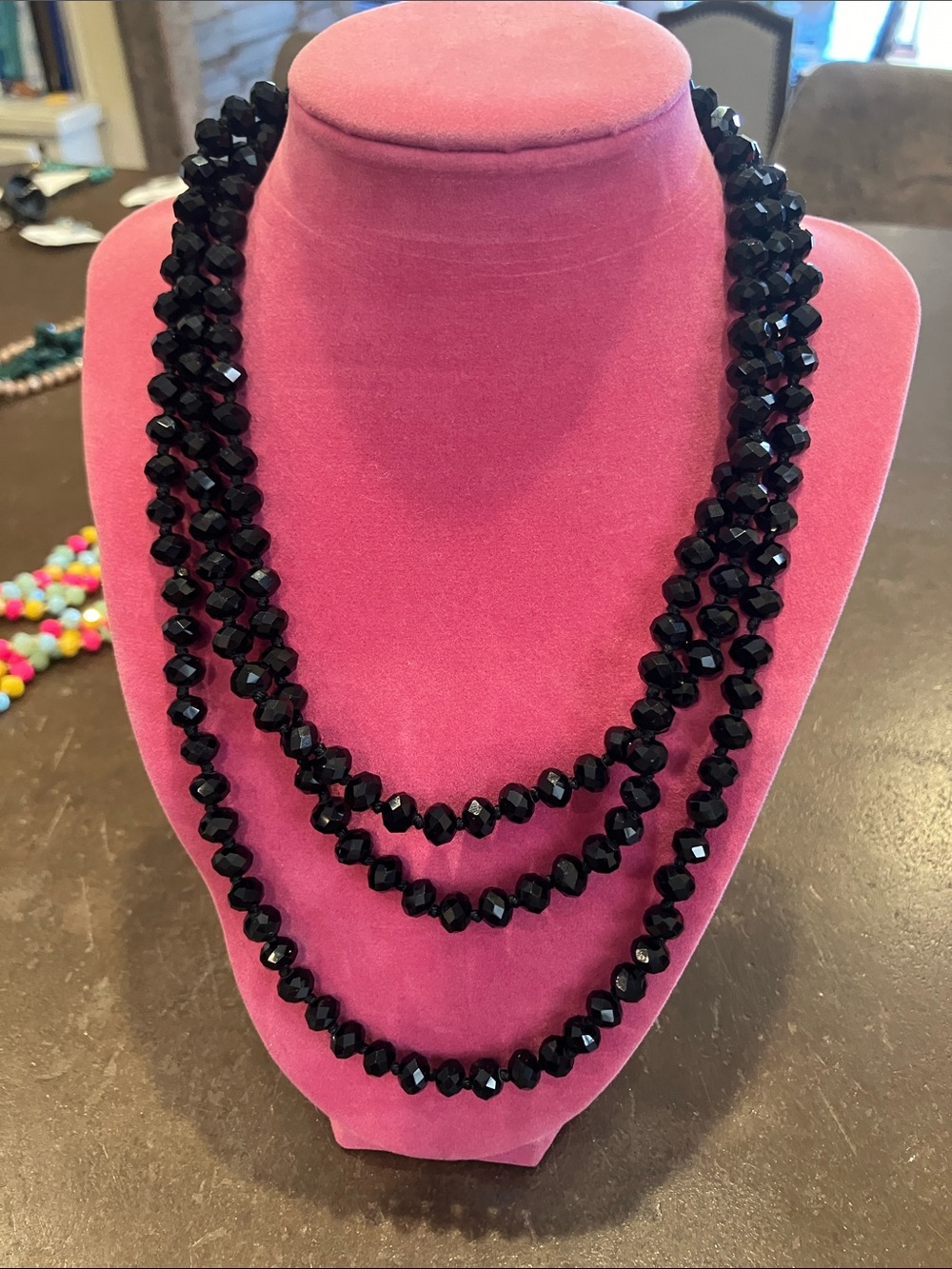 Elegant Triple-Strand Black Faceted Bead Necklace